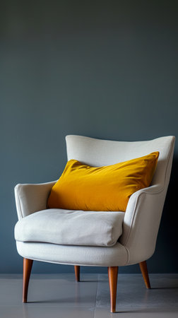 Comfortable armchair with yellow cushion against dark wall, contemporary home decor conceptの素材