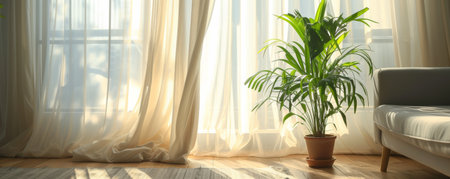 Sunny living room with potted plant by window, serene morning atmosphereの素材