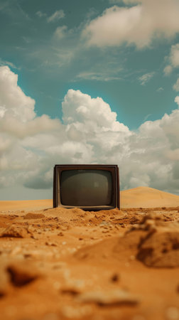 Old TV in the middle of a desert under cloudy sky, surreal conceptの素材