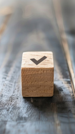 Wooden block with check mark on a wooden surface, close-up. Confirmation and approval conceptの素材