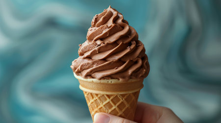 Hand holding chocolate ice cream cone with abstract backgroundの素材