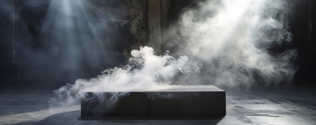 Mystical pedestal with surrounding smoke and light beams in a dark roomの素材