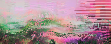 Abstract glitch art with vibrant pink and green colorsの素材