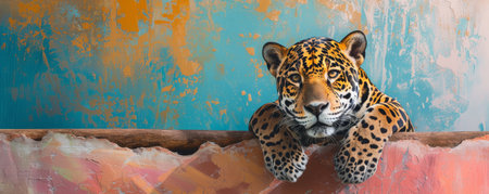 Jaguar resting on a colorful stone wall, portrait of wild animalの素材