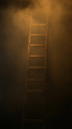 Ladder ascending into foggy atmosphere with warm lighting, mysterious conceptの素材