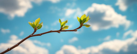 Close-up of branch with fresh green leaves against blue sky with clouds, nature awakening conceptの素材