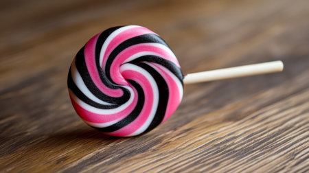 Lollipop with pink, black, and white swirl on wooden tableの素材