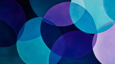 Abstract geometric painting with overlapping circles in blue and purple shadesの素材
