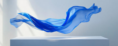 Blue silk fabric floating above a white pedestal, abstract composition. Artistic and creative design concept.の素材