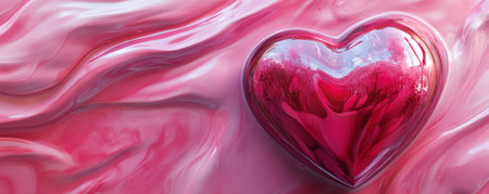 Red reflective heart on a pink marble surface, abstract art conceptの素材