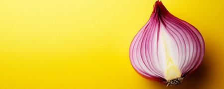 Close-up of sliced red onion on yellow background, vibrant food conceptの素材