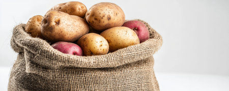 Potatoes in a burlap sack on a white background, organic farming conceptの素材