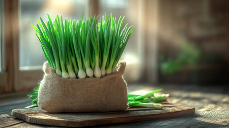 Fresh scallions in a burlap sack on a wooden cutting board by the window, farm-to-table conceptの素材
