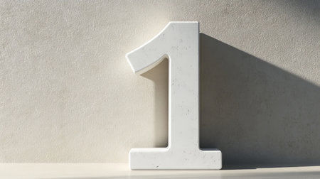 White number one against a textured wall with shadow, minimalistic design conceptの素材