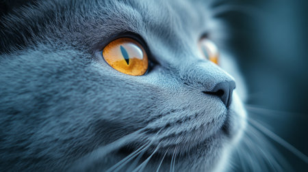 Close-up of a grey cat with amber eyes, feline gaze, tranquility and beauty conceptの素材