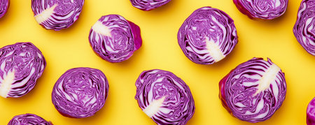 Halved purple cabbages against a yellow background, vibrant food arrangement. Healthy eating and fresh produce conceptの素材