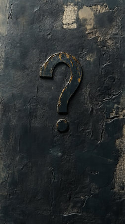 Rusty question mark on textured dark wallの素材