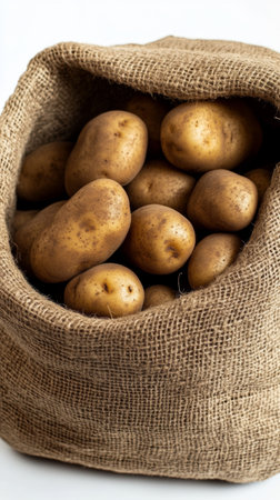 Sack of fresh potatoes on white backgroundの素材