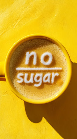 Coffee cup with no sugar text on yellow background, minimalistic conceptの素材