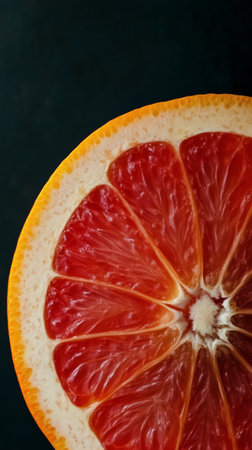 Close-up of a half grapefruit showing its vibrant red pulp against a dark background, healthy food conceptの素材