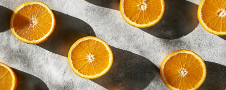 Sliced orange halves on grey stone background, top view. Fresh citrus fruit pattern conceptの素材