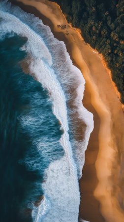 Aerial view of ocean waves crashing on a sandy beach with surrounding dense forest, tranquil scene. Nature and relaxation conceptの素材