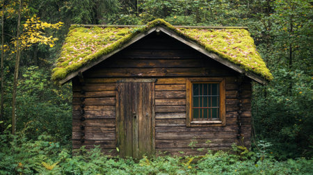 Rustic wooden cabin in a forest with moss-covered roof, nature retreat conceptの素材