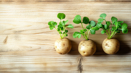 Three potatoes with green sprouts on wooden background, spring growth conceptの素材