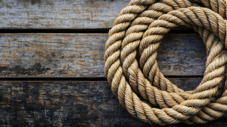Coiled rope on weathered wooden surface, close-up detail. Nautical and maritime conceptの素材