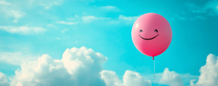 Smiling pink balloon floating in a blue sky with fluffy clouds, cheerful and uplifting conceptの素材