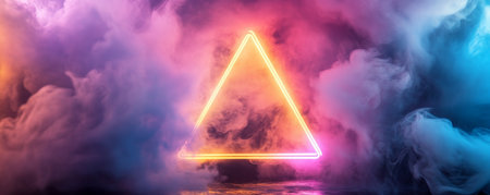 Glowing neon triangle with colorful smoke on a dark background, abstract futuristic conceptの素材