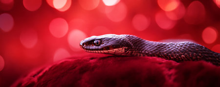 Close-up of a snake on a red velvet surface with bokeh lights, dramatic and mysterious conceptの素材