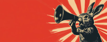 Rabbit with megaphone on red background, retro propaganda style illustrationの素材