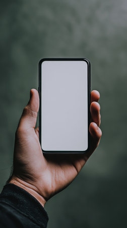 Hand holding smartphone with blank screen, close up. Modern technology and communication conceptの素材