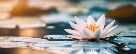 Serene white lotus on a pond with soft sunlight. Tranquility and nature conceptの素材