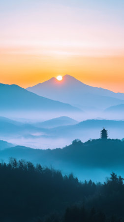 Serene mountain landscape with sunrise and mist, tranquil nature sceneの素材