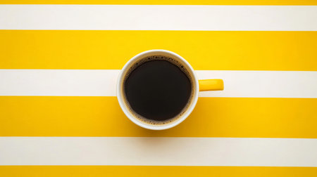 Cup of black coffee on a yellow and white striped backgroundの素材
