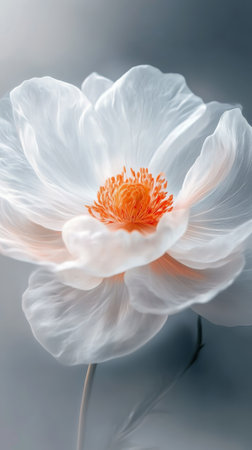 White poppy flower close-up with soft petals and orange centerの素材