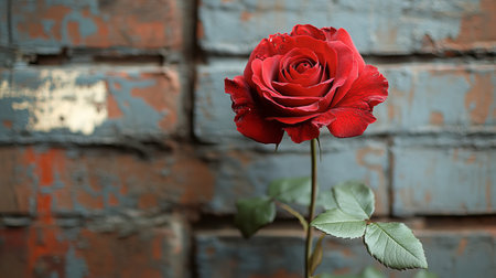 Red rose against rustic brick wallの素材