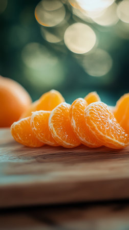 Fresh tangerine slices on wooden board with bokeh background, citrus fruit conceptの素材
