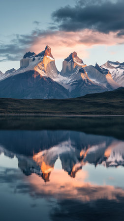 majestic mountains reflecting in tranquil lake at sunrise, scenic view. nature and serenity conceptの素材