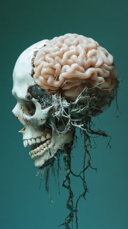 Skull with exposed brain and roots against teal backgroundの素材