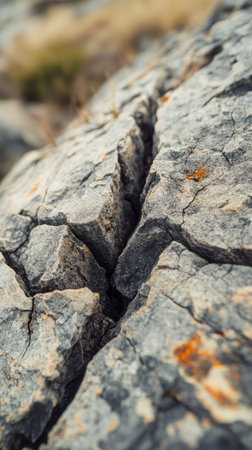 Close-up of cracked stone surface with moss and lichen details, geological texture conceptの素材