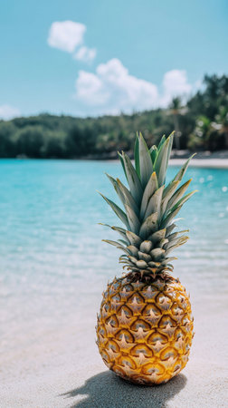 Pineapple on tropical beach with blue ocean and skyの素材