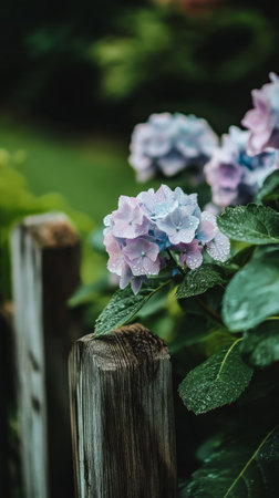 Hydrangea flowers with raindrops near wooden fenceの素材