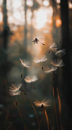 Dandelion seeds floating at sunset in a forest, nature tranquility conceptの素材