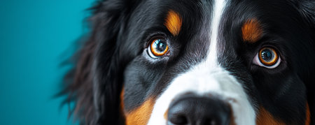 Close-up of bernese mountain dog with expressive eyes, blue background. Animal portrait and emotion conceptの素材