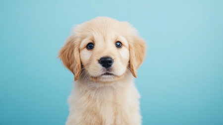 Golden retriever puppy on blue background, adorable pet portrait. Cuteness and innocence conceptの素材