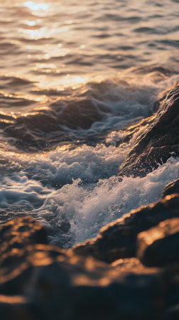 Waves crashing on rocks at sunset, dramatic seascape. Nature and tranquility conceptの素材