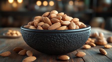 Bowl of almonds on rustic wooden table, healthy snack conceptの素材